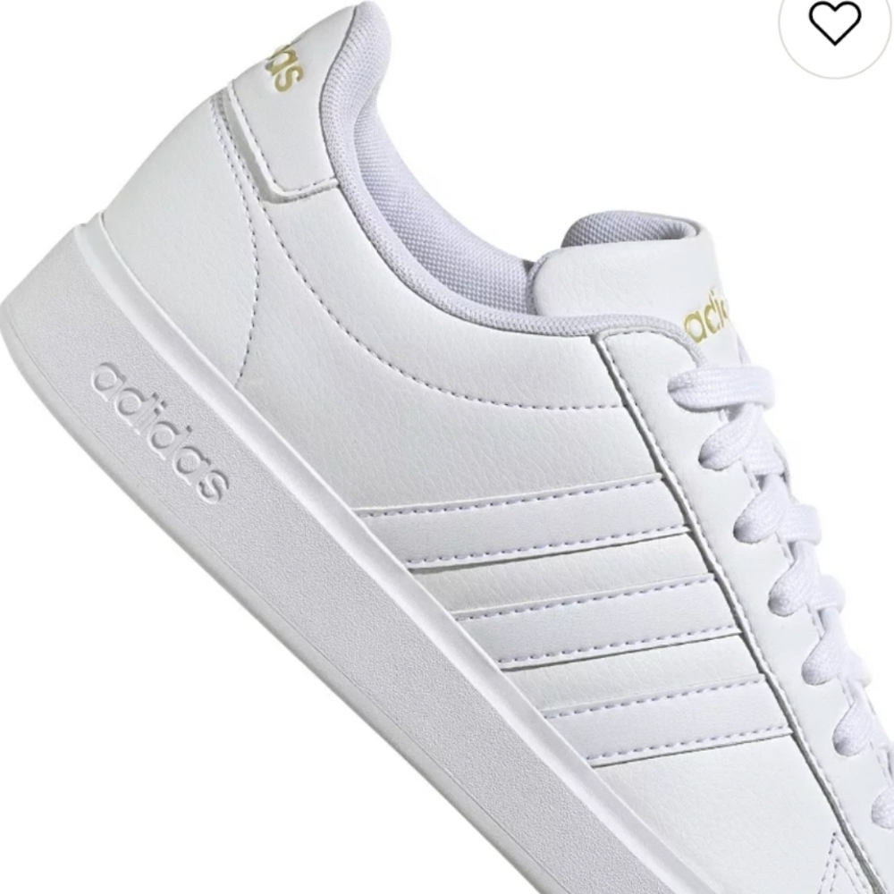 *ADIDAS GRAND COURT 2* Classic White and Gold Leather Sneakers Sz 8, VGUC